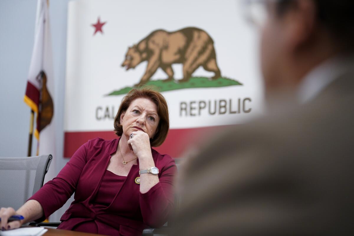California state Senate President Pro Tempore Toni Atkins looks on during a