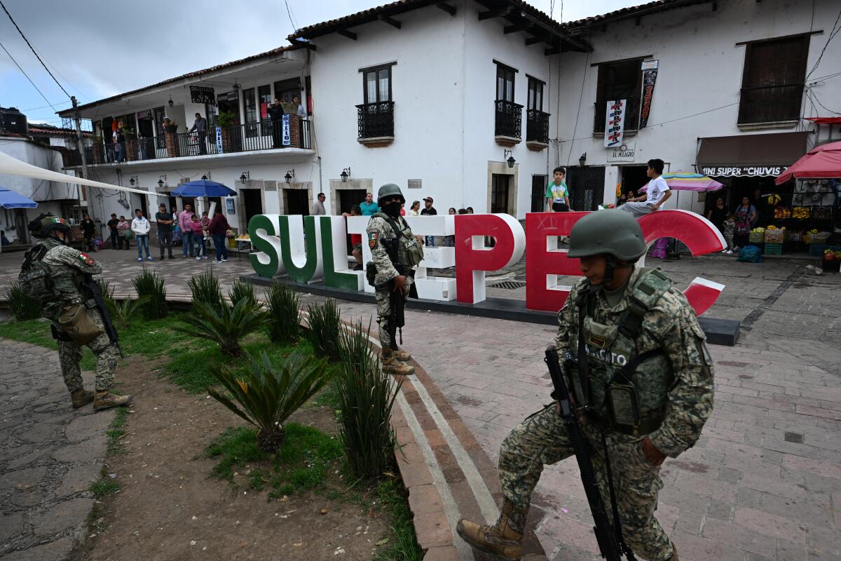 Security forces stand guard following an operation at a butcher shop