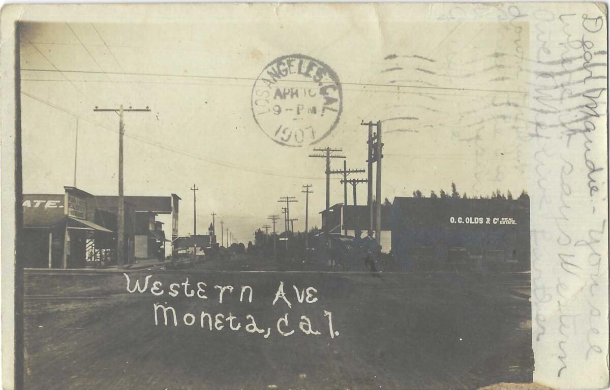 Black and white image shows a street scene. Text reads: "Western Ave., Moneta, Cal."