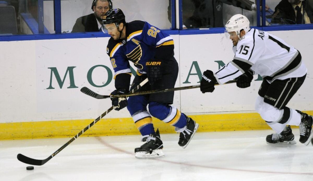 Blues defenseman Kevin Shattenkirk skates past Kings forward Andy Andreoff during the first period of a game on Oct. 29.