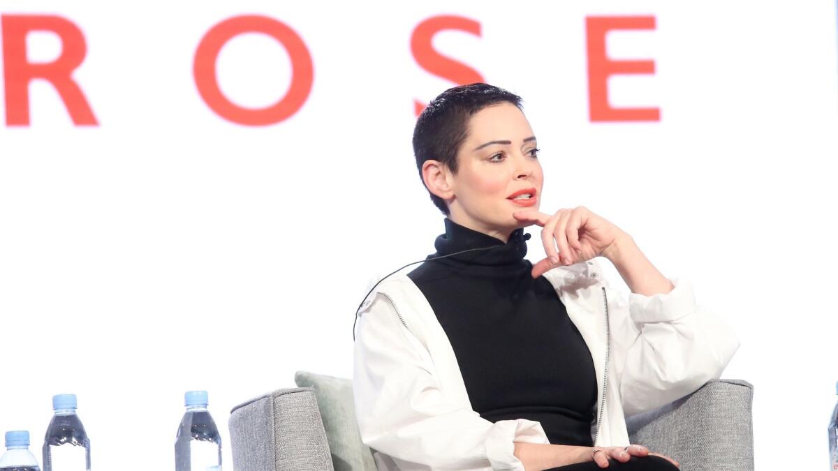 McGowan speaks onstage about "Citizen Rose" during the NBCUniversal portion of the 2018 Winter Television Critics Assn. Press Tour.