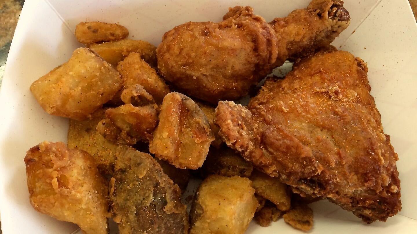 Crisp fried chicken and creamy potato nuggets at Slavko's.