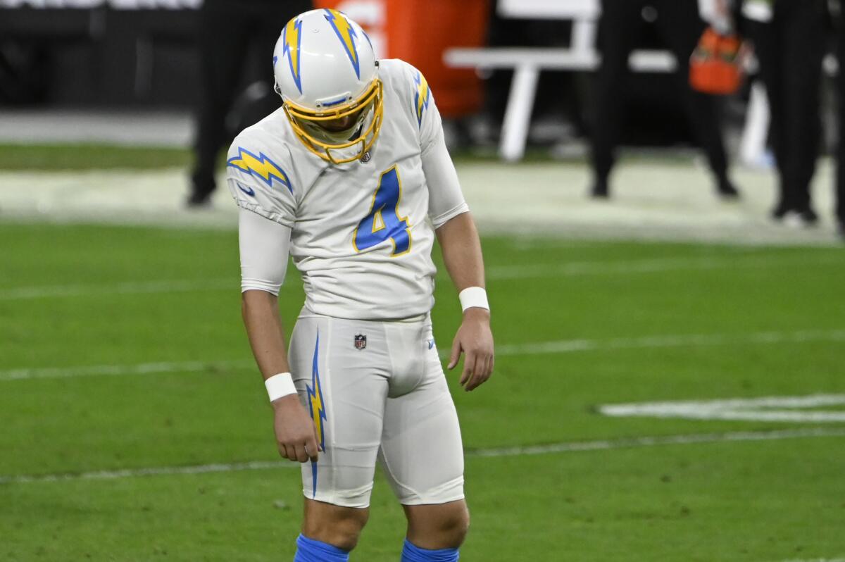 Chargers kicker Mike Badgley reacts after missing a field goal attempt against the Las Vegas Raiders.