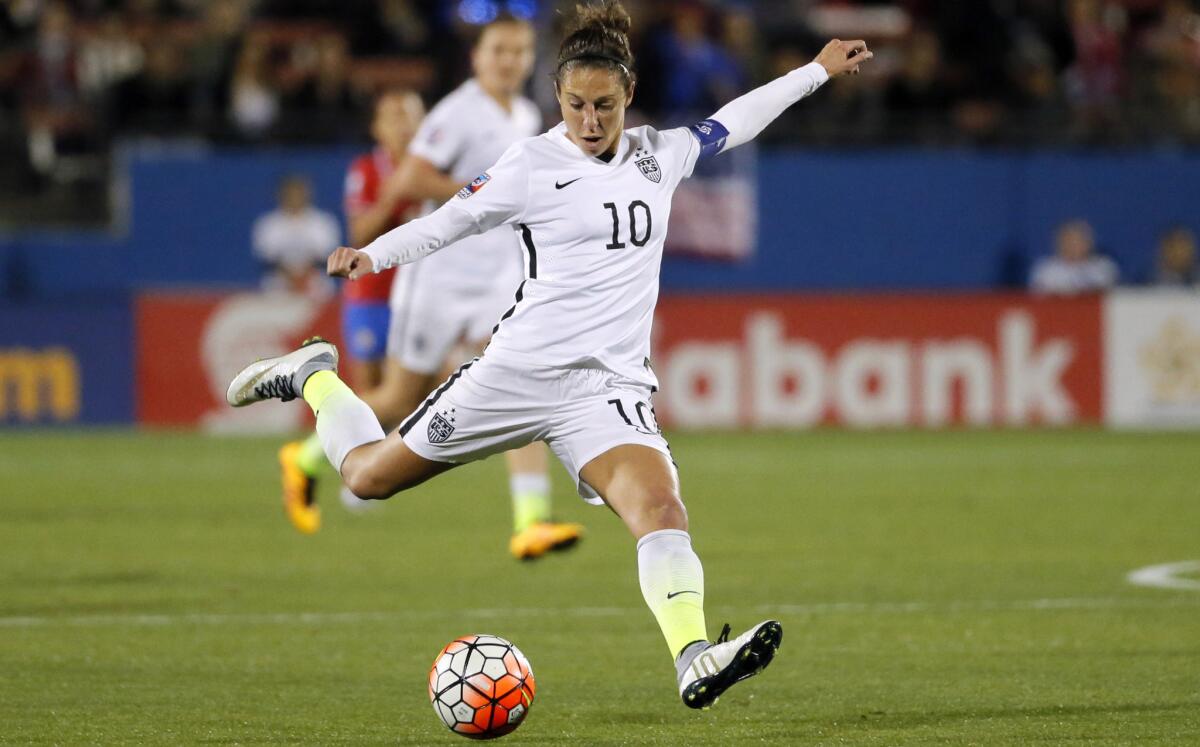 U.S. Olympic soccer star player Carli Lloyd takes the field Wednesday against New Zealand in the 2016 Rio Olympics.