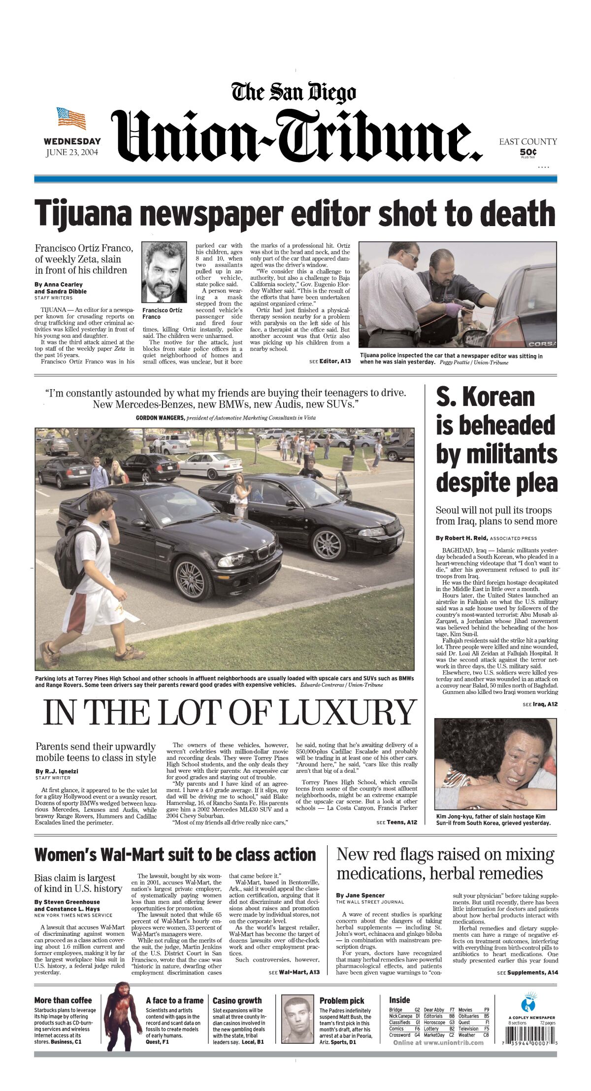 Front page of The San Diego Union-Tribune Wednesday, June 23, 2004  