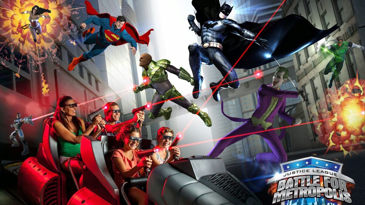 Six Flags has introduced the Justice League: Battle for Metropolis 3-D dark ride at a number of its amusement parks. (Six Flags)