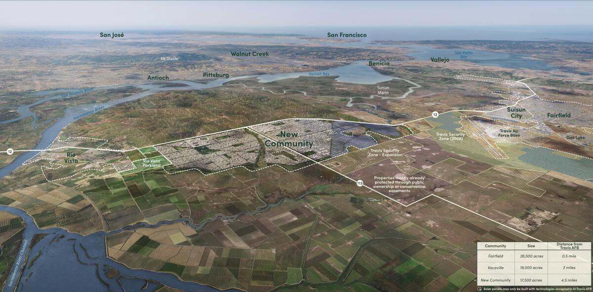 An aerial rendering of where the planned community by California Forever would fit into Solano County.