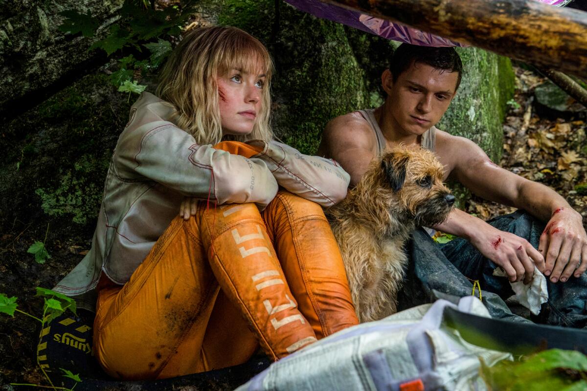 Daisy Ridley and Tom Holland with a dog in the movie "Chaos Walking."
