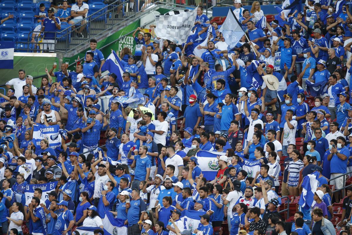 El Salvador fans cheer their team during a 2021 CONCACAF Gold Cup Group A soccer match against Trinidad, Wednesday.