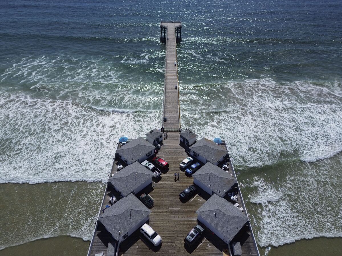 An arieal view of Crystal Pier in Pacific Beach on Friday, May 5, 2023.