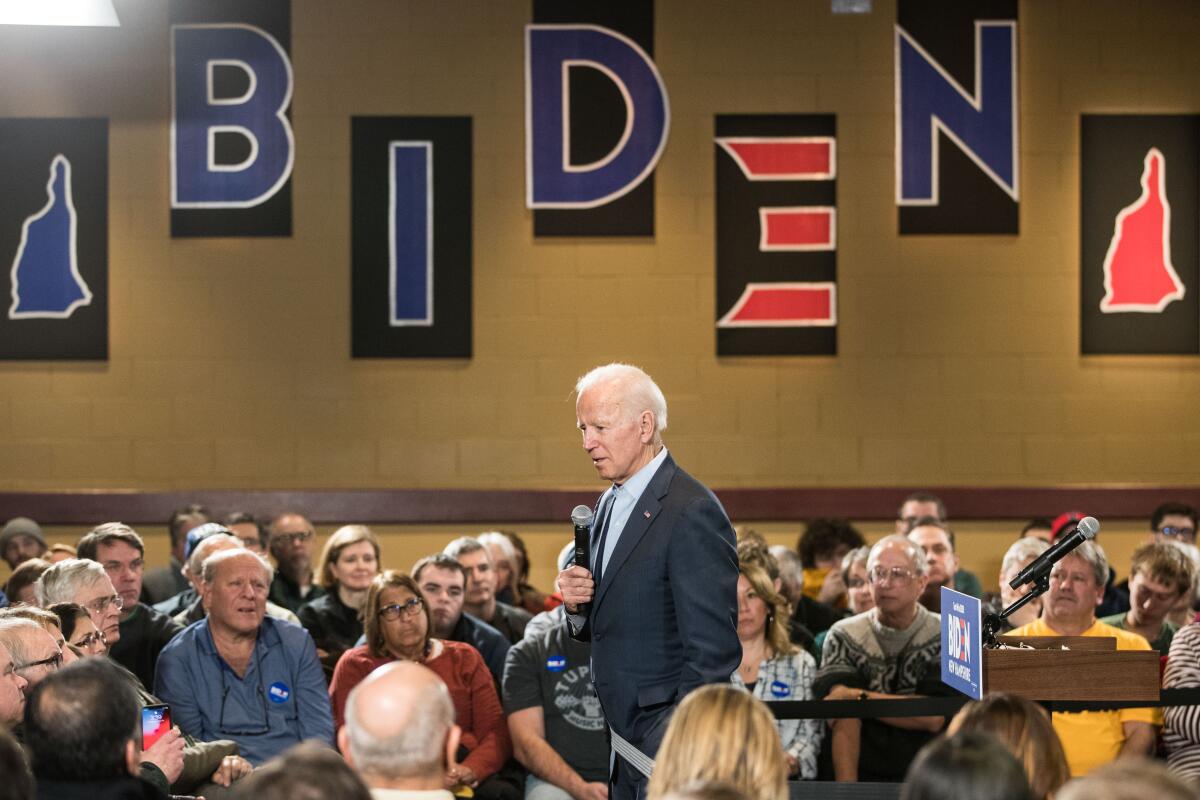 Former Vice President Joe Biden speaks during a campaign town hall in Derry, N.H., in December.