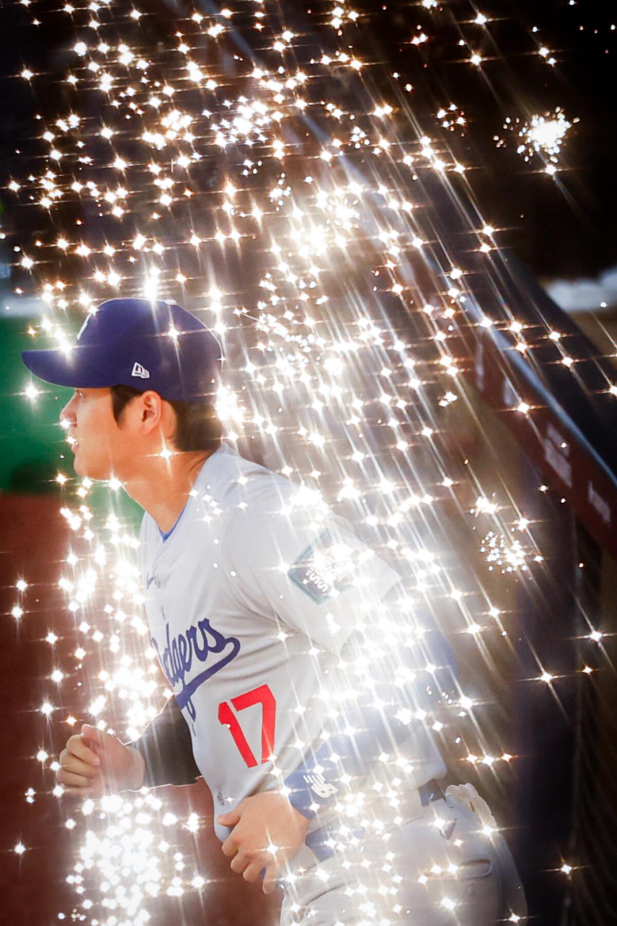 Shohei Ohtani takes the field prior to the Dodgers' game against the San Diego Padres in Seoul on Wednesday