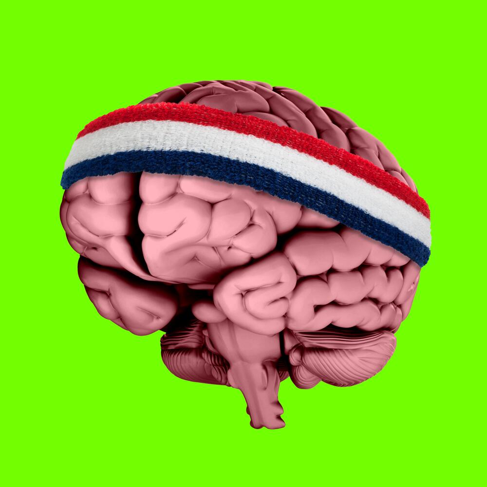 photo illustration of a human brain wearing a sweatband on a green background