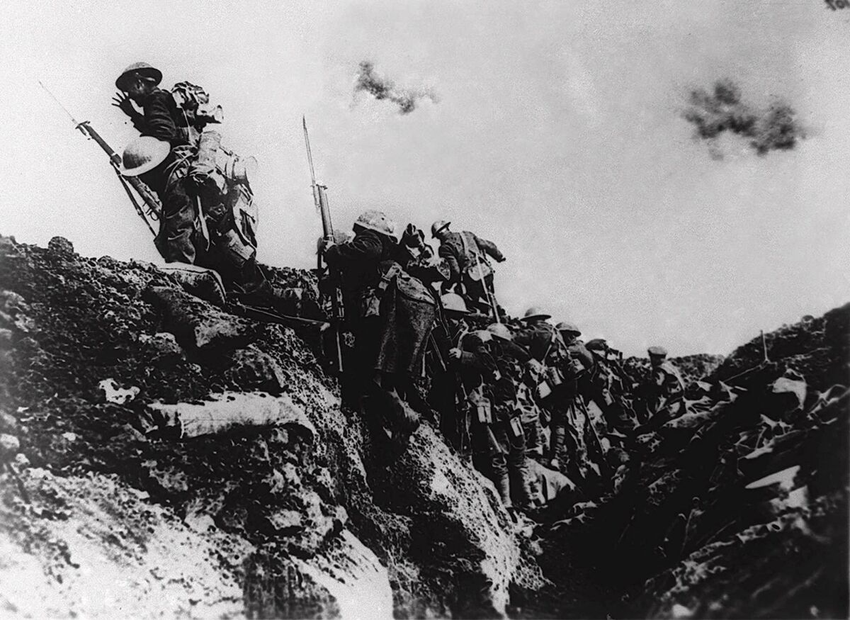 U.S. troops on an unidentified battlefield in Europe during World War I.