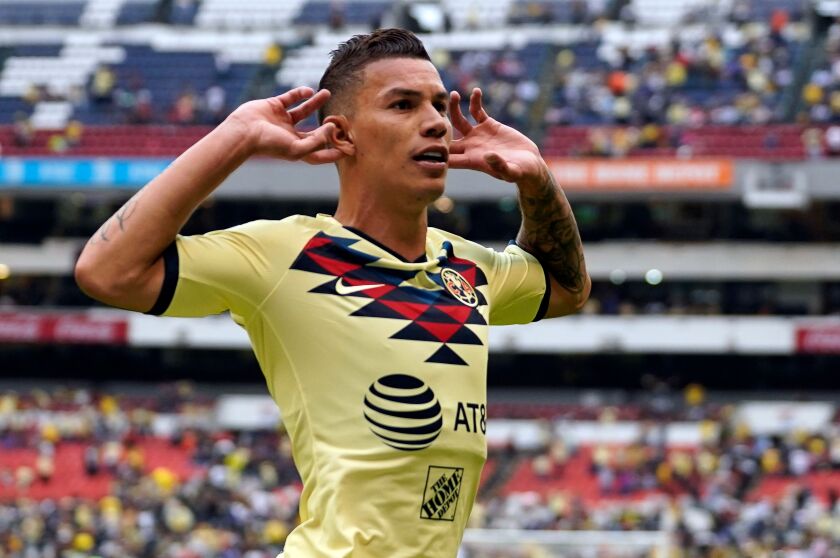 Mateus Uribe of America celebrates his goal against Monterrey during the Mexican Apertura 2019 tournament football match at the Azteca stadium in Mexico city, on July 20, 2019. (Photo by Marcos Dominguez / AFP)MARCOS DOMINGUEZ/AFP/Getty Images ** OUTS - ELSENT, FPG, CM - OUTS * NM, PH, VA if sourced by CT, LA or MoD **