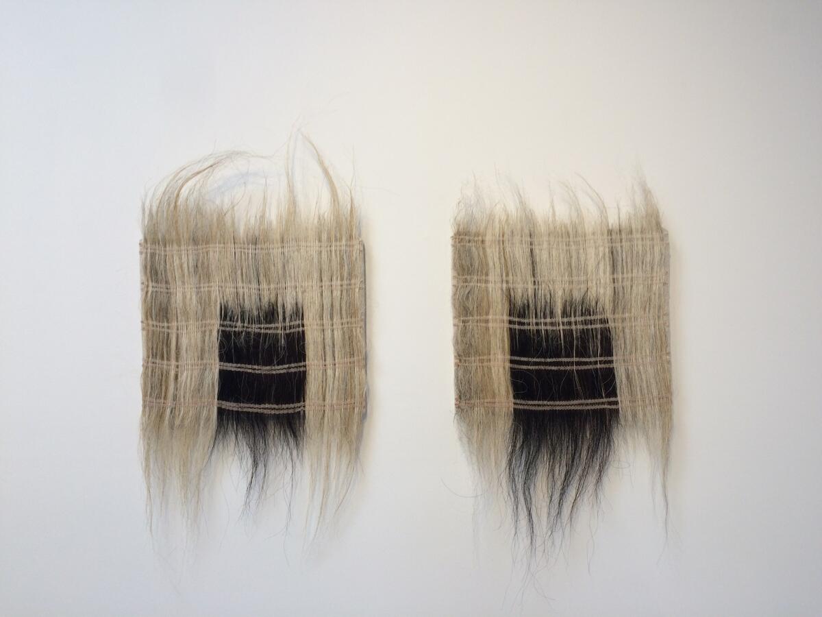 A pair of abstractions made with horsehair by Catherine Fairbanks at Wilding Cran in downtown Los Angeles.