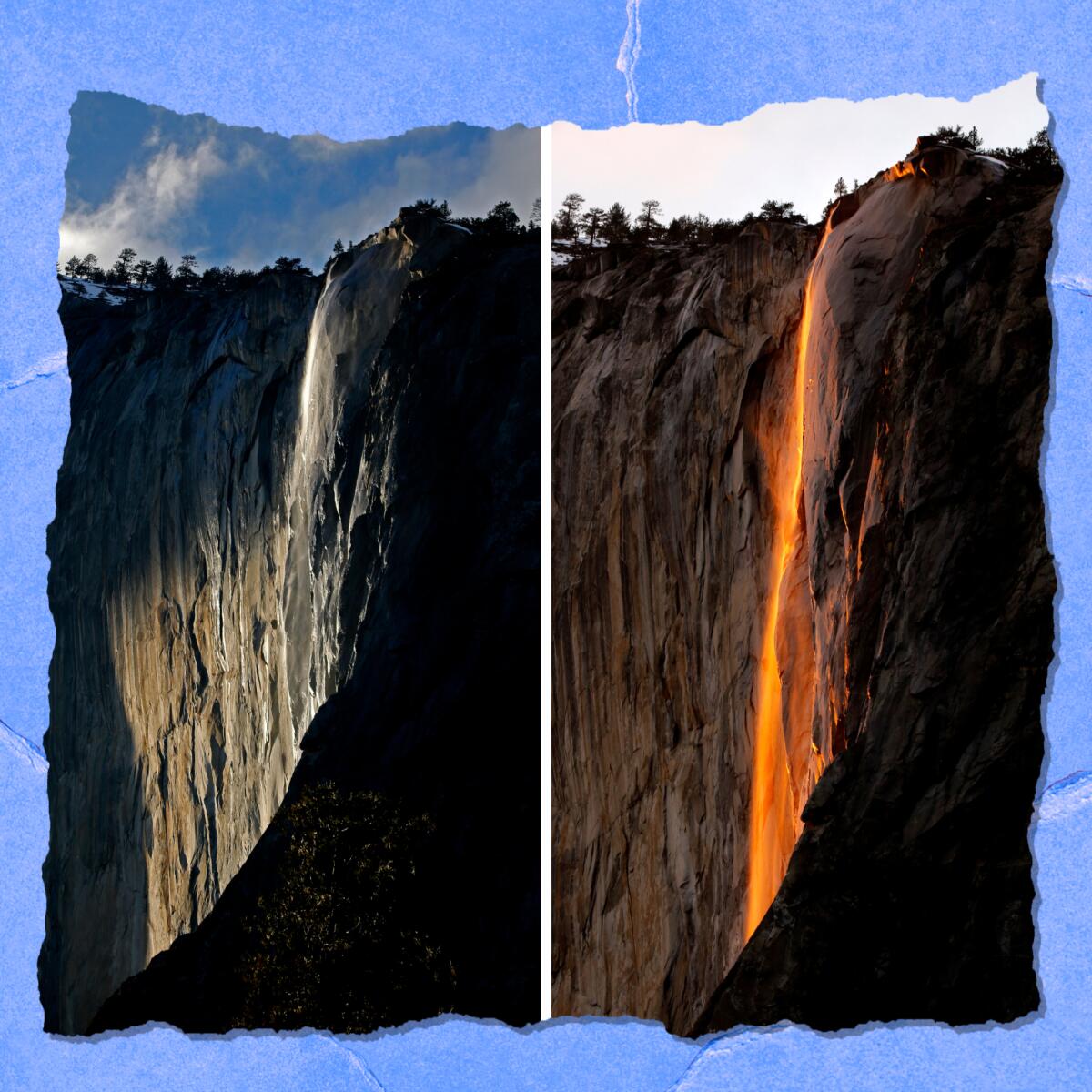 Side by side photos of a waterfall on a sheer cliff. In one the water looks red.