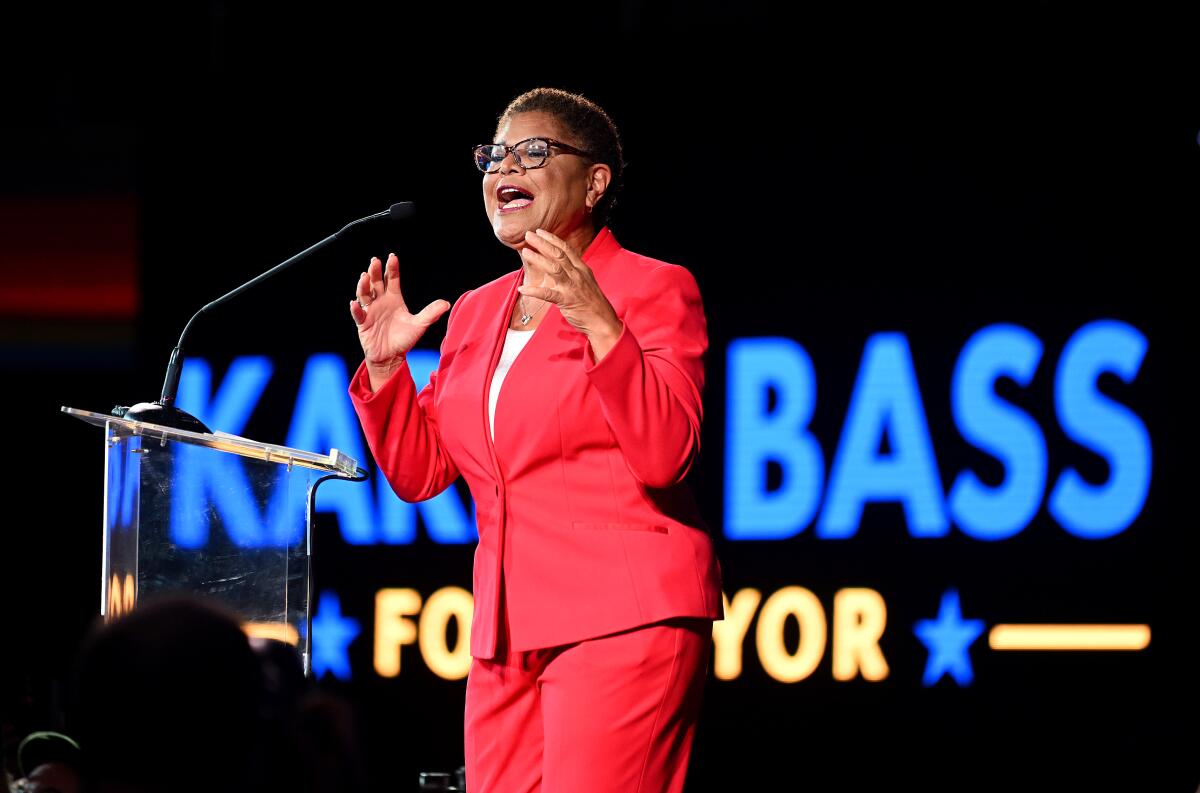 Karen Bass on election night Nov. 8 at the Palladium in Hollywood.