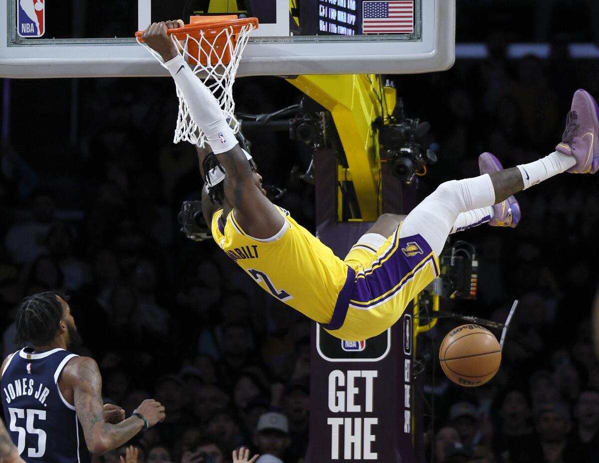 Lakers forward Jarred Vanderbilt dunks the ball in the second half.