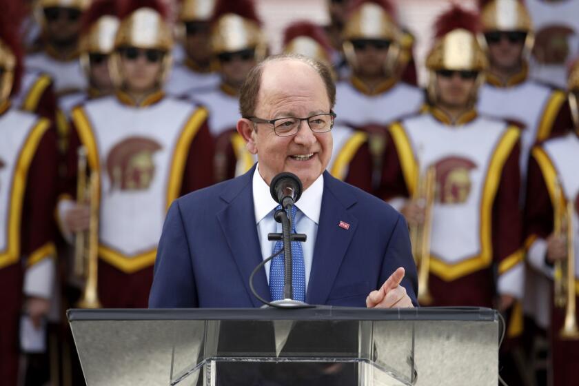 LOS ANGELES, CALIF. -- MONDAY, JANUARY 29, 2018: C. L. Max Nikias, president of the University of Southern California, at the groundbreaking ceremony for the renovation of the United Airlines Memorial Coliseum in Los Angeles, Calif., on Jan. 29, 2018. (Gary Coronado / Los Angeles Times)