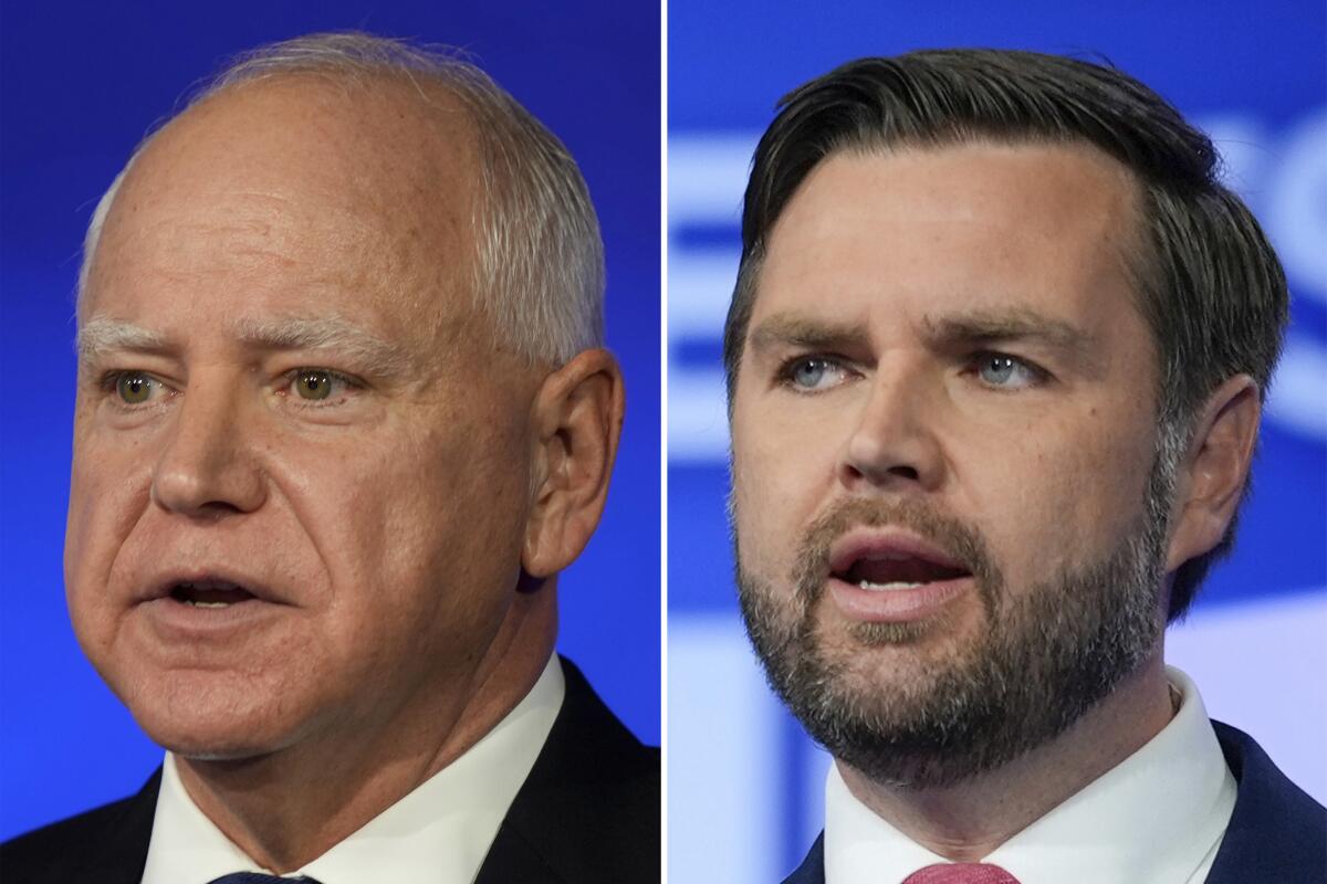 Democratic vice presidential nominee Tim Walz, left, and Republican nominee JD Vance.