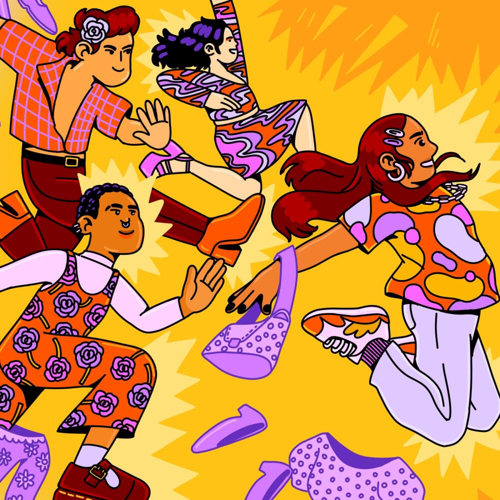 Illustration of people ripping out of traditional clothes. 