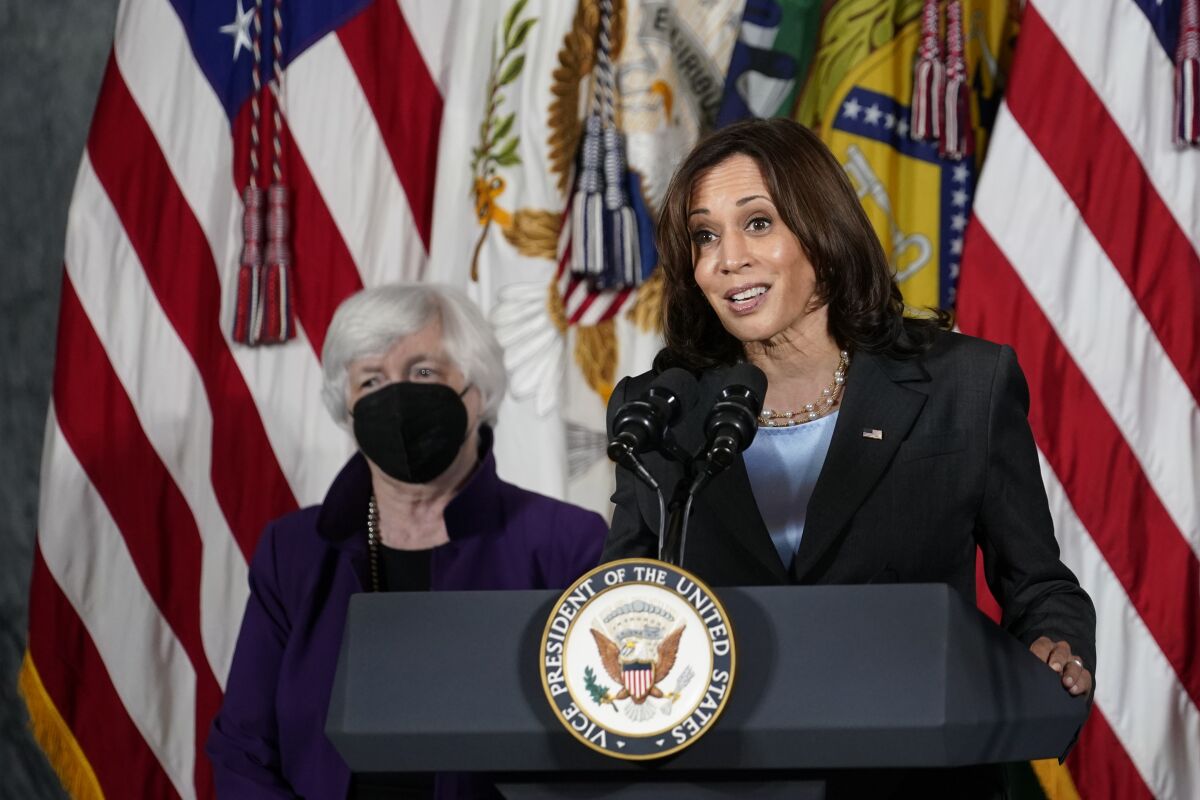 Vice President Kamala Harris, right, speaks as Treasury Secretary Janet Yellen, left, listens during an event at the Treasury Department in Washington, Wednesday, Sept. 15, 2021, to make the case for the Biden-Harris Administration's proposed investments in childcare that will benefit women, children, and working families. (AP Photo/Susan Walsh)