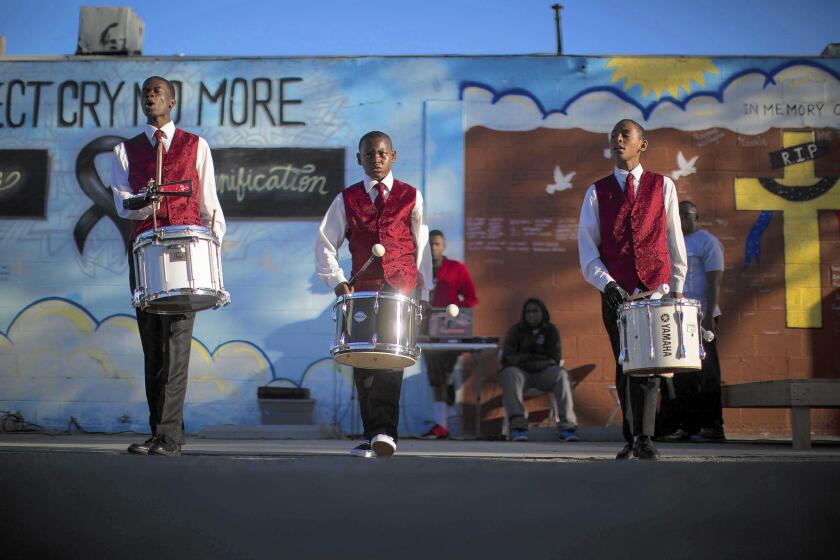 The Compton Sounders drill team performs at an event honoring native son Dr. Dre on June 19. The mogul didn't attend Dre Day.