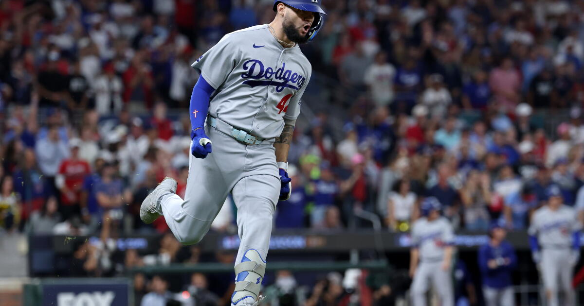 Photo: latimes.com ATLANTA, GEORGIA - OCTOBER 07: Andy Pages #44 of the Los Angeles Dodgers reacts after hitting a two-RBI single against the