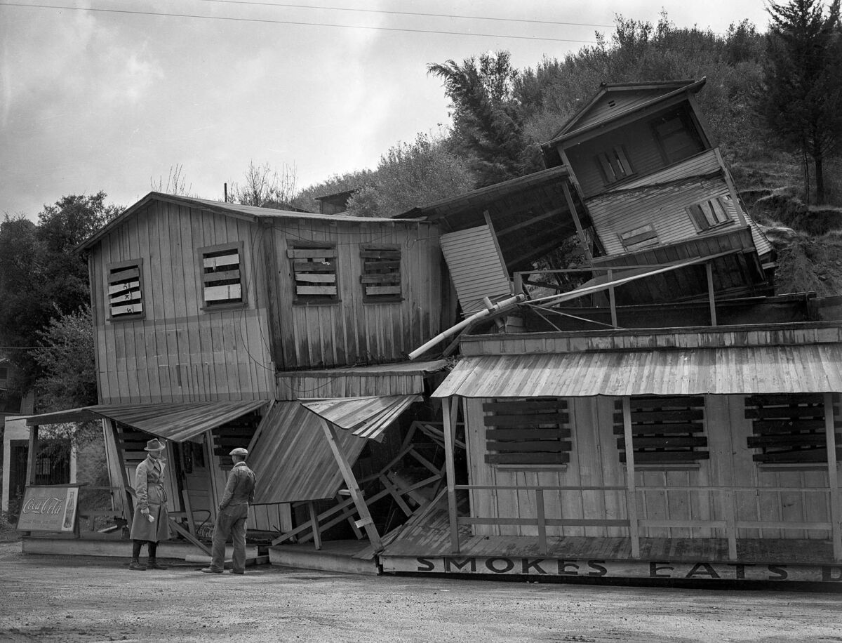 March 1, 1938: A three-story structure once occupied by a cafe at Cheeney Road and Topanga Canyon Road collapsed as prolonged rains softened foundations.