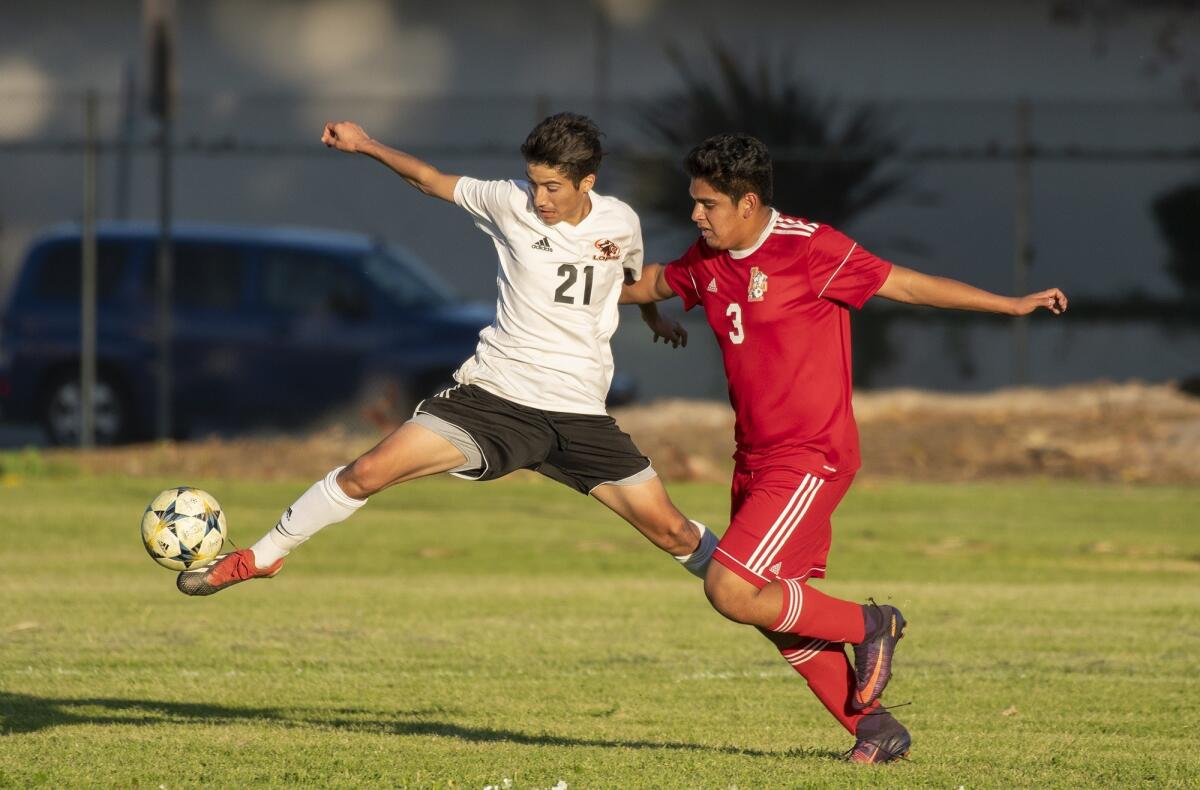 Los Amigos' Francisco Lopez (21), pictured battling for a ball with Loara's Alexis Olvera Castro on Jan. 25, scored a goal in the Lobos' 2-2 tie in Wednesday's match at Bellflower.