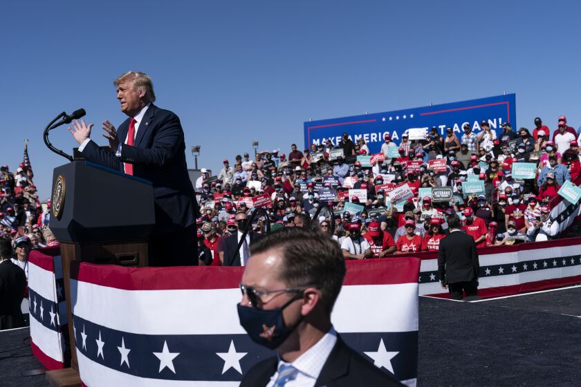President Donald Trump speaks at a campaign rally at Prescott Regional Airport, Monday, Oct. 19, 2020, in Prescott, Ariz. (AP Photo/Alex Brandon)