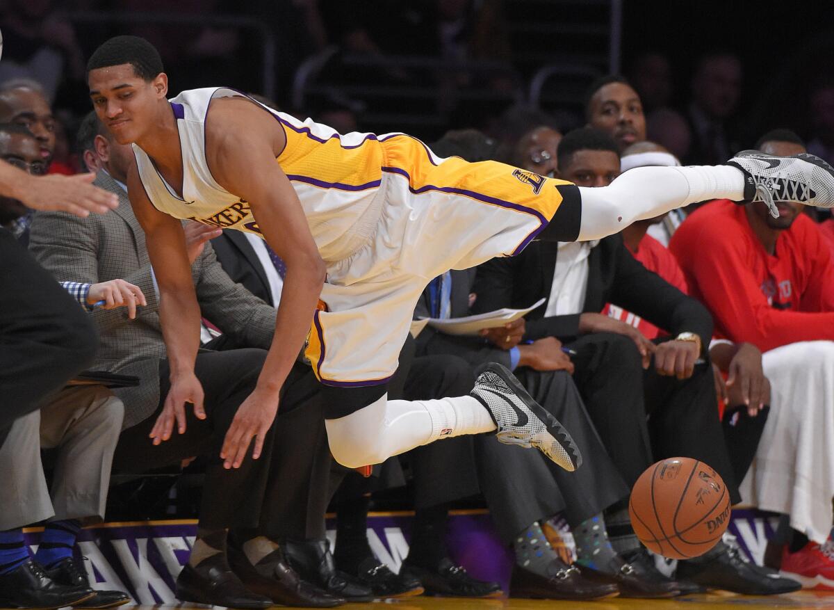Lakers guard Jordan Clarkson tries to save the ball from going out of bounds in the second half.