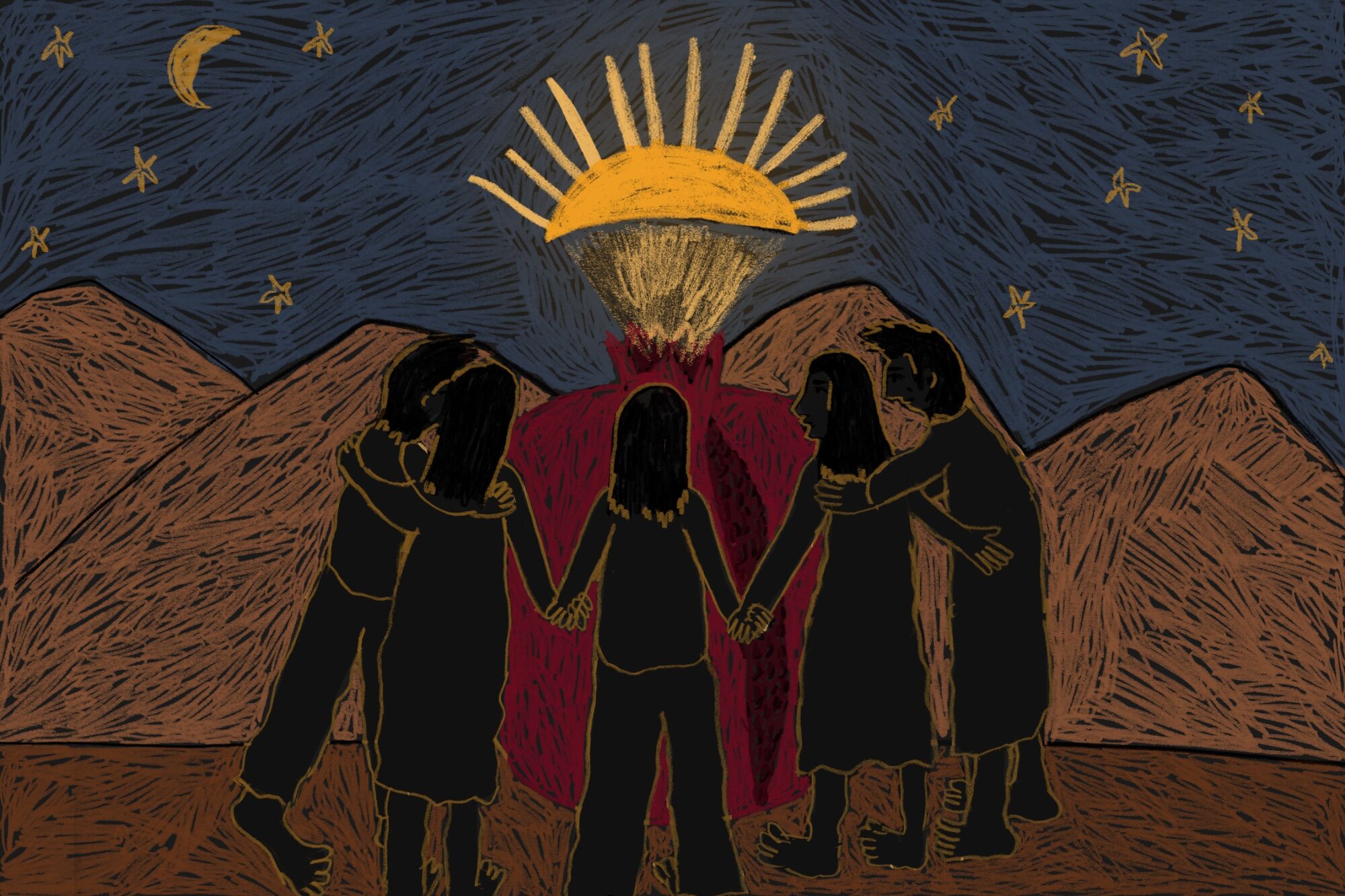 A group of people stand hand-in-hand around a pomegranate sun bursting with seeds under a starry sky