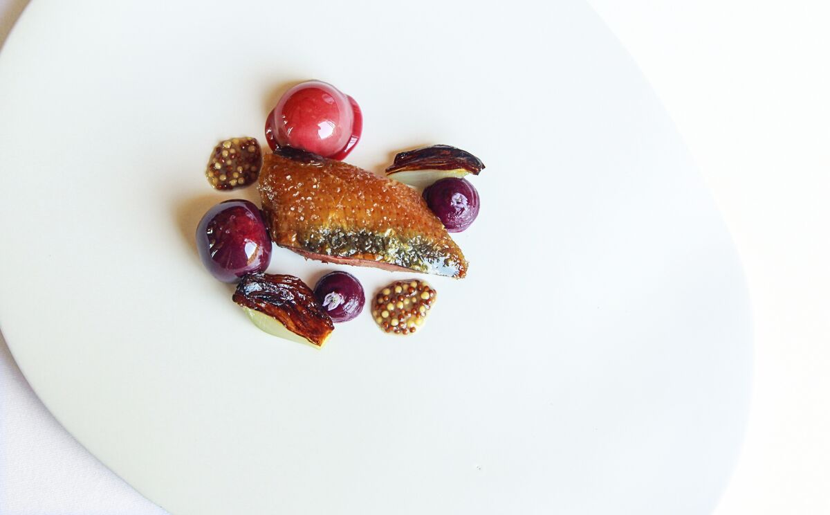The gorgeous pigeon rôti at Addison, with cabbage, cherries and pickled mustard.