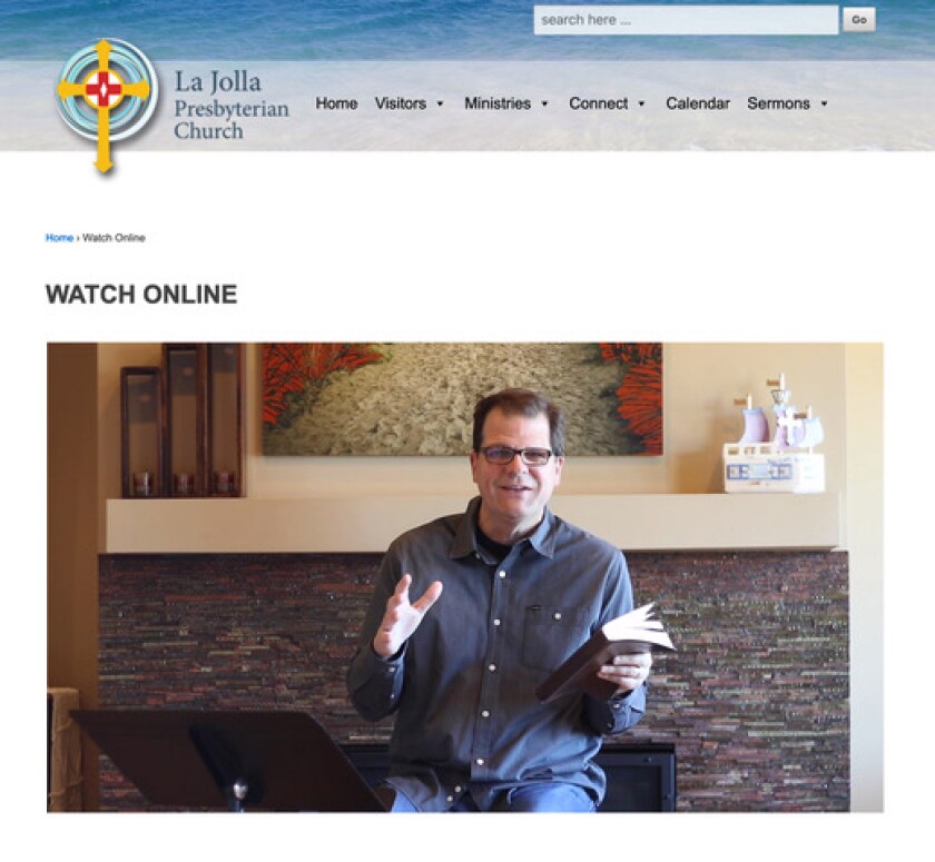 La Jolla Presbyterian Church's Rev. Paul Cunningham preaches from his living room during the coronavirus crisis; as pictured in March 2020. Cunningham preaches from his home in Bird Rock with a live stream which airs 8:45 a.m. and 10 a.m. Sundays on Facebook Live and the church’s website: ljpres.org/live