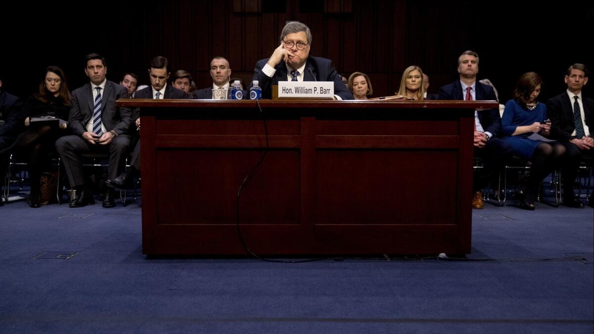 Attorney General nominee William Barr listens to a question as he testifies during a Senate Judiciary Committee hearing on Capitol Hill in Washington on Jan. 15, 2019.