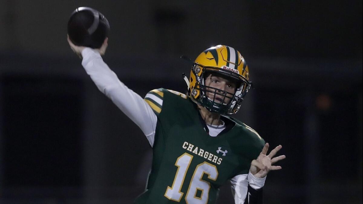 Edison High's Braeden Boyles, pictured throwing a pass against San Clemente on Sept. 20, is expected to make the start at quarterback against Corona del Mar in Thursday's Sunset League opener.