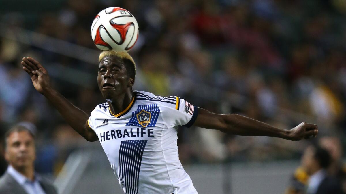 Galaxy forward Gyasi Zardes #11 of the Los Angeles Galaxy heads the ball during a win over FC Dallas on May 21.