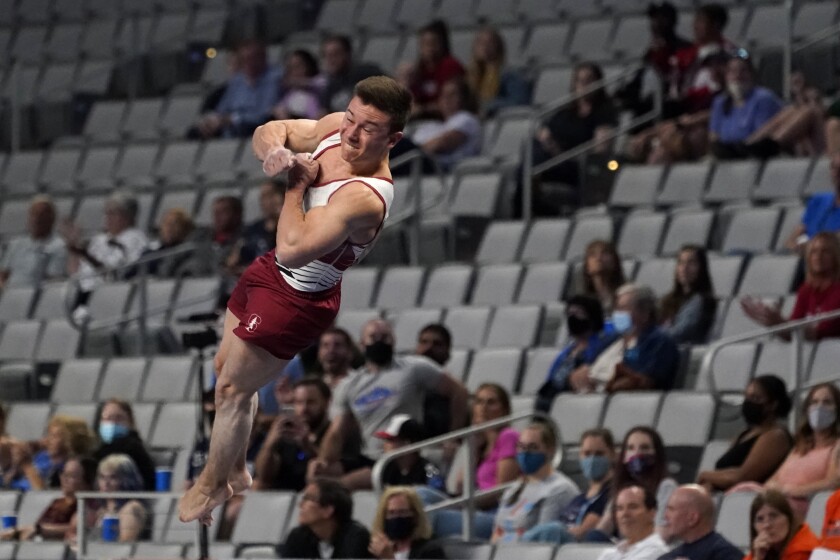 Brody Malone competes in the vault during the U.S. Gymnastics Championships, Saturday, June 5, 2021, in Fort Worth, Texas. (AP Photo/Tony Gutierrez)
