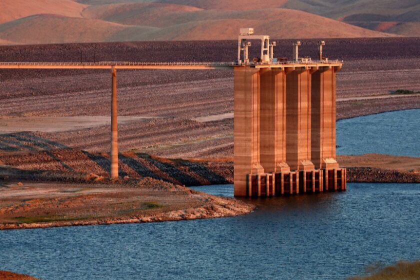 The San Luis Reservoir is only 10% full, its lowest level in 27 years, in Gustine, Calif., on Aug. 28