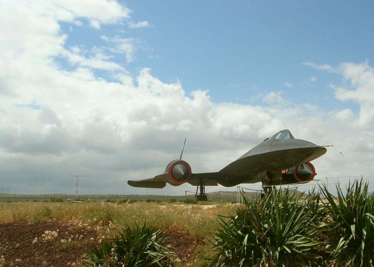 The SR-71 was once the nation's preeminent spy plane but has now been retired; this one sits at the entrance to NASA's Dryden Flight Research Center in California.
