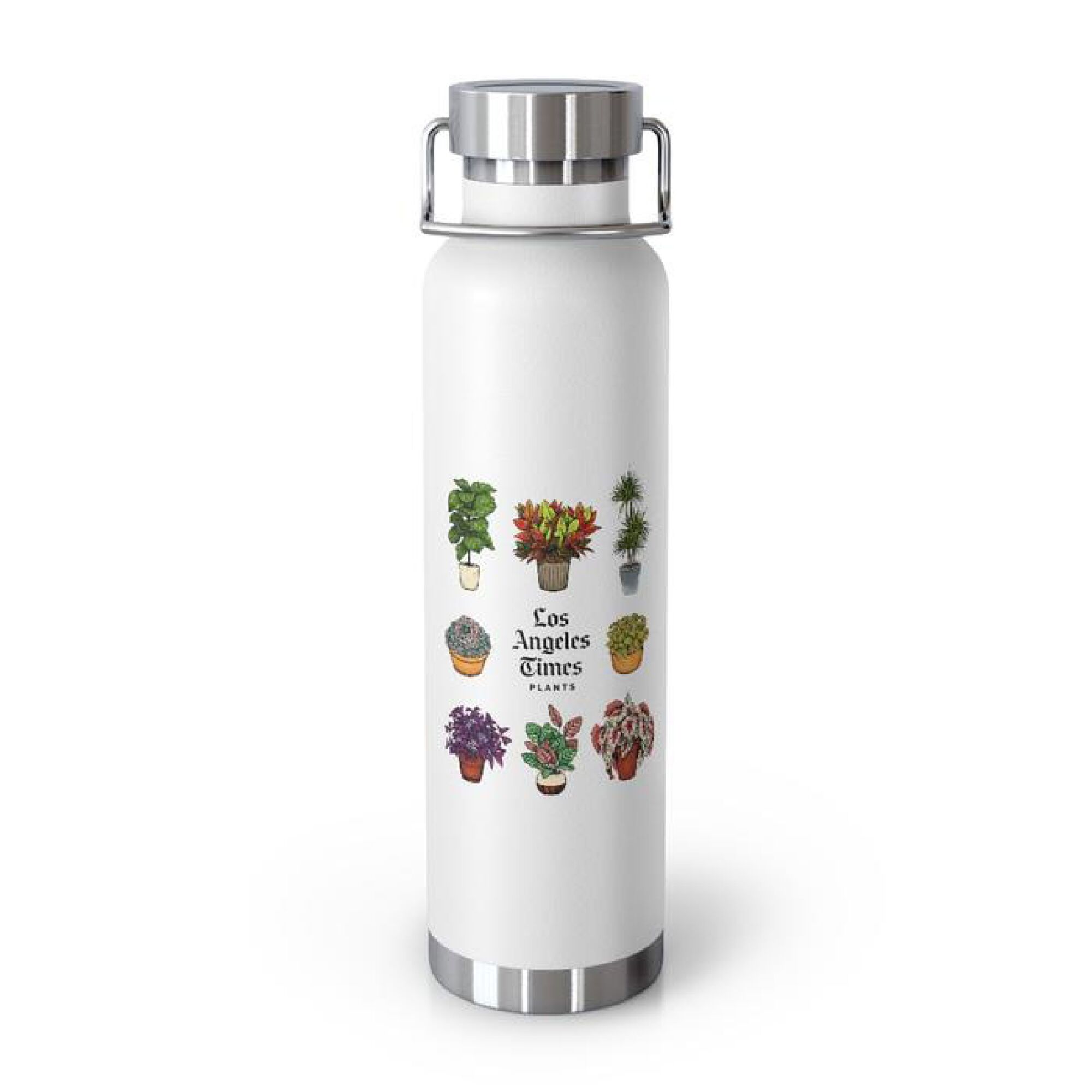 A water bottle with images of plants on it, plus the Los Angeles Times logo.