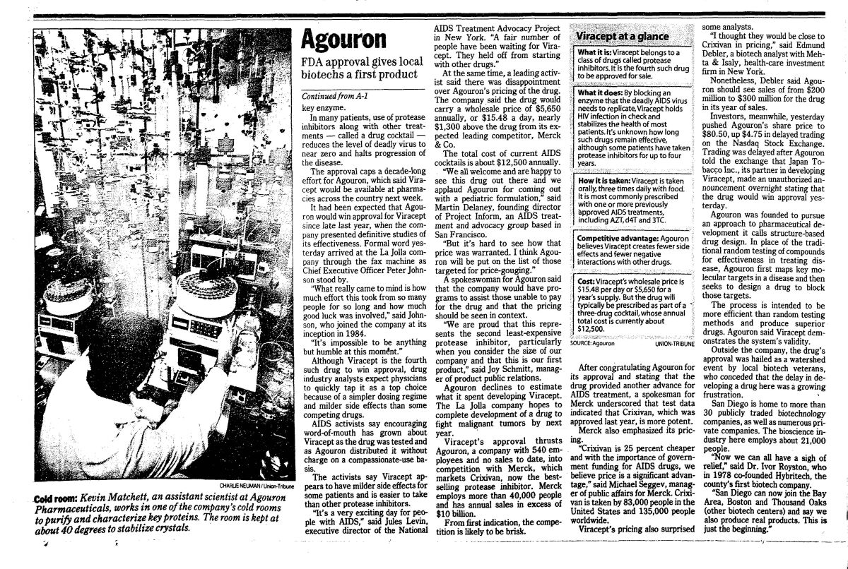 Second part of an article on Agouron's Viracept published in The San Diego Union-Tribune, March 15, 1997, on page A-18.