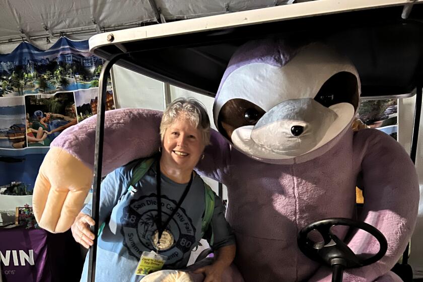 Nancy Stoke with one of last year’s big donated sloths at the San Diego County Fair.