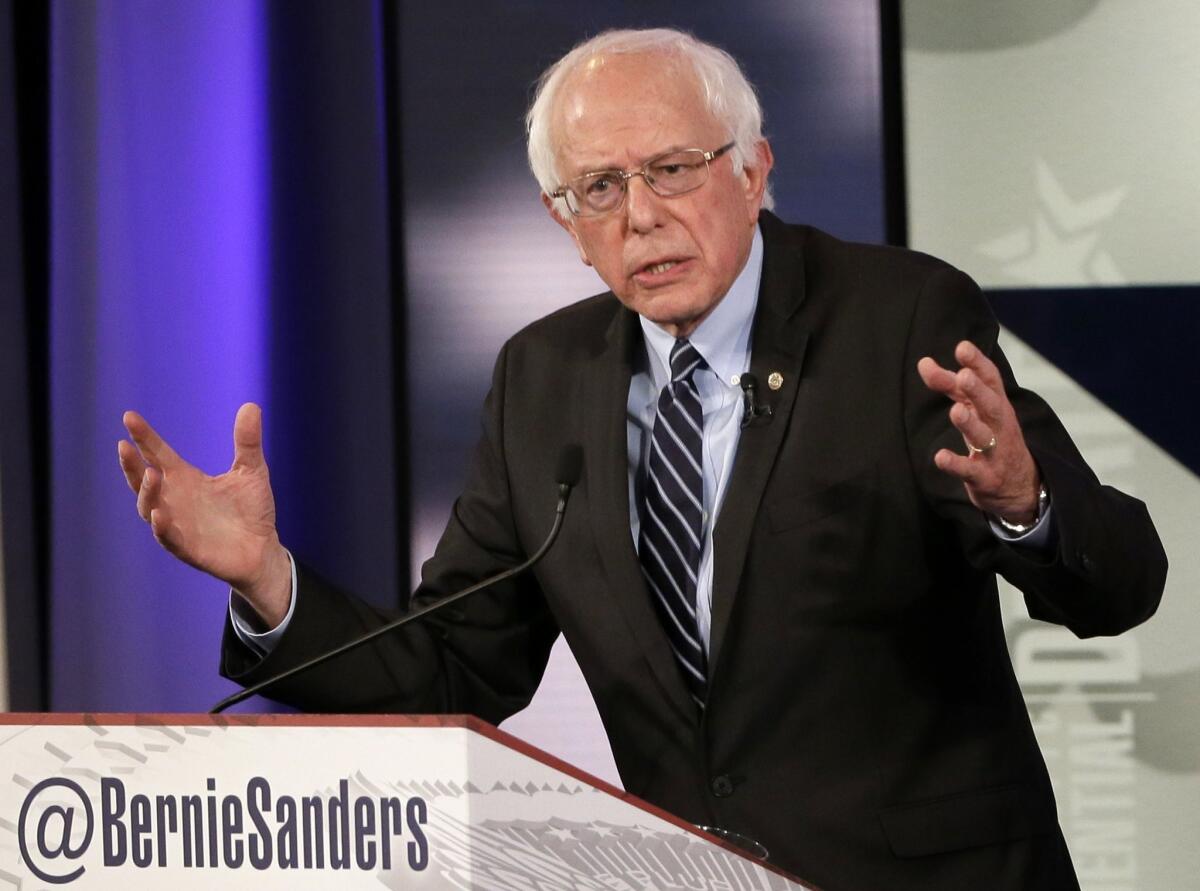 FILE - In this Nov. 14, 2015, file photo, Bernie Sanders makes a point during a Democratic presidential primary debate in Des Moines, Iowa. The Democratic presidential candidates are meeting for their third debate on Dec. 19, with tensions suddenly boiling between Hillary Clinton and her chief rival, Sanders. (AP Photo/Charlie Neibergall, File)