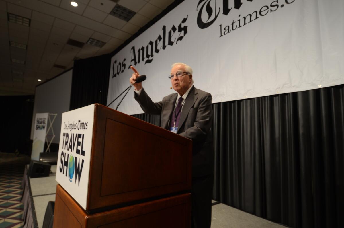 Arthur Frommer talks about budget travel tips at the L.A. Times Travel Show on Saturday at the L.A. Convention Center.