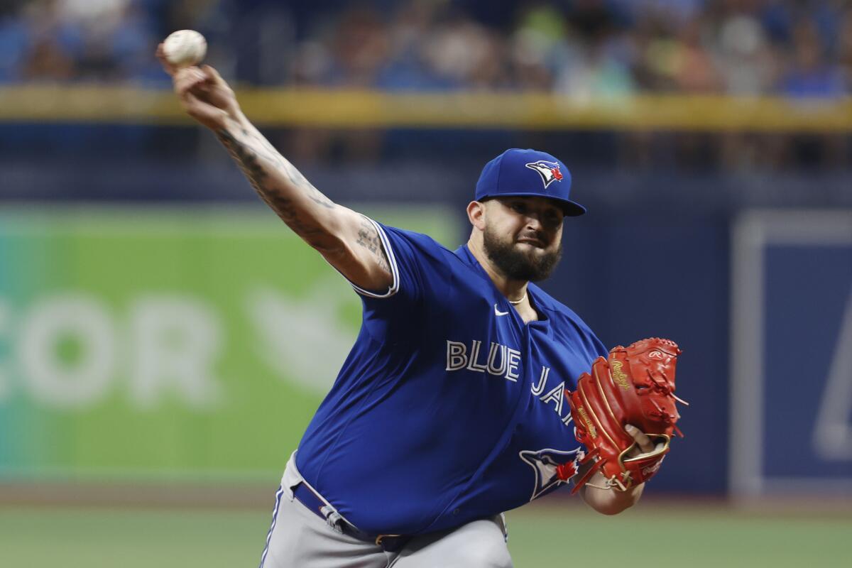 Toronto Blue Jays starting pitcher Alek Manoah throws to a Tampa Bay Rays batter during the first inning of a baseball game Saturday, Sept. 24, 2022, in St. Petersburg, Fla. (AP Photo/Scott Audette)