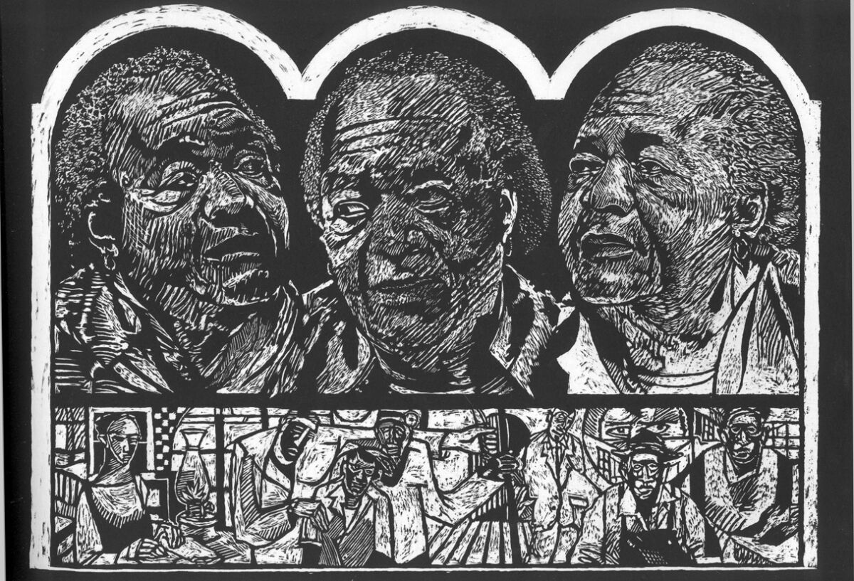 A block print shows a triple arch featuring three images of Samella Lewis looking in different directions