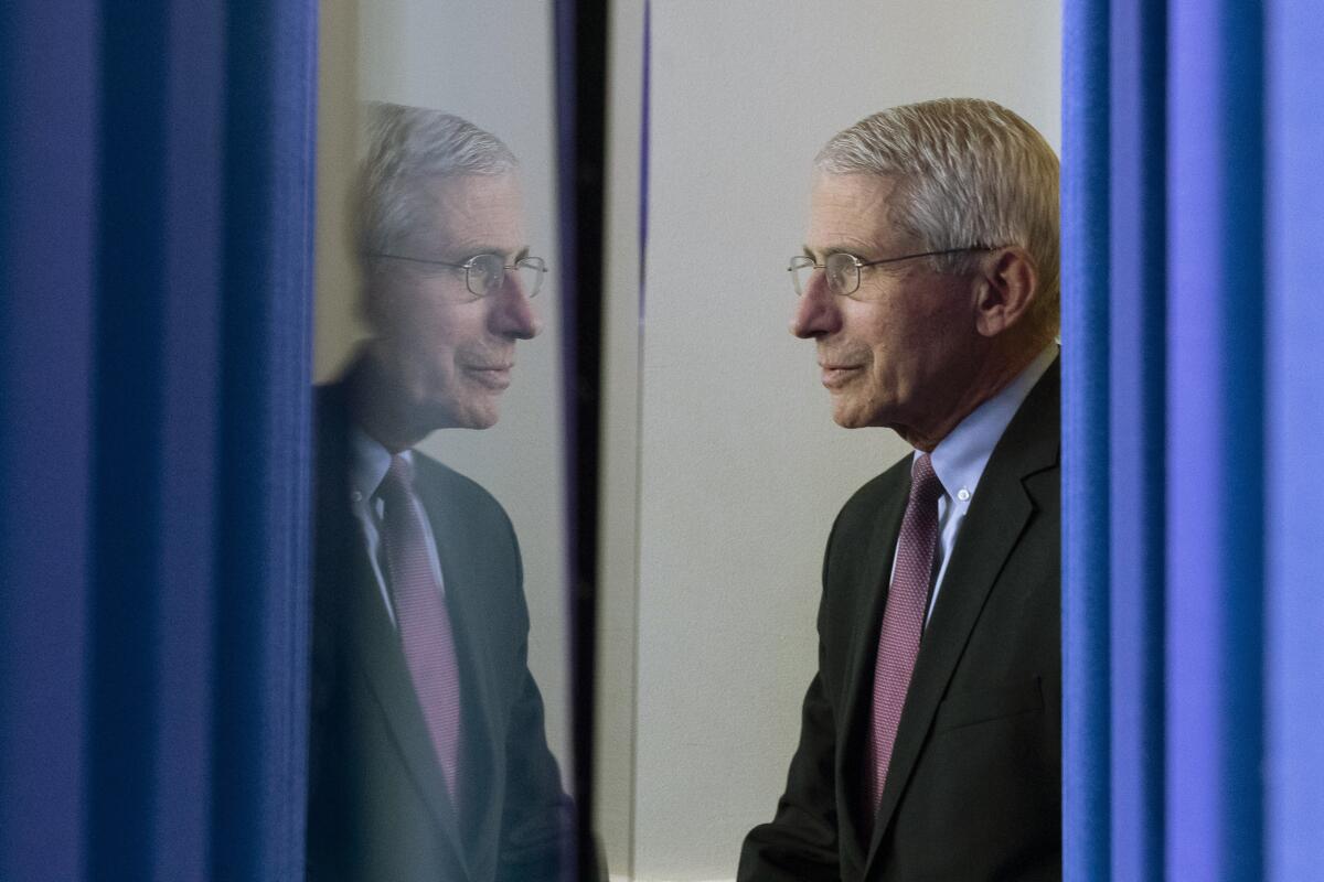 Dr. Anthony Fauci stands next to a curtain.